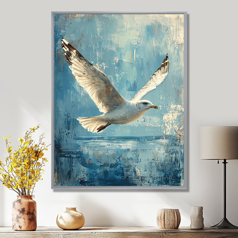 Décoration murale azed goéland dans la brise I - oiseau, Argent argent, Impression encadrée flottante, H 32 po x l 16 po