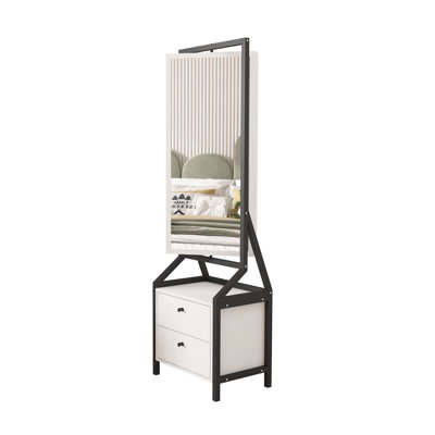 360° Swivel Jewelry Armoire & Makeup Mirror Cabinet With 2 Bottom Drawer, Rotates Freely, Spacious Storage Area, Hand-Painted & Artisan White Finish