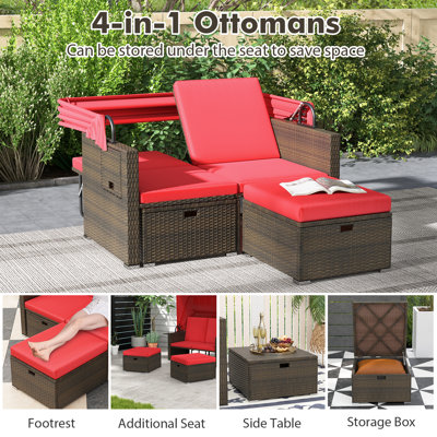Rattan Daybed w/ Adjustable Backrests & Retractable Canopy for Patio