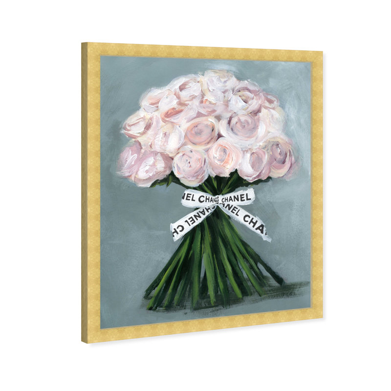 «Pink Pastel Rose Floral Bouquet», cadre flottant, impression sur papier, H 22 po x l 18 po, Encadrement doré
