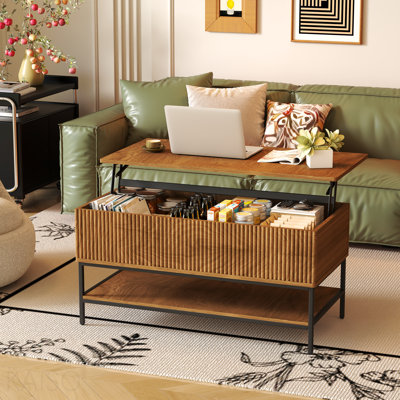 Lift Top Coffee Table 39.4 Inch Rectangle, Farmhouse Style with Hidden Storage & Lower Shelf, Sturdy Steel Legs, Easy Assembly for Living Room, Rustic