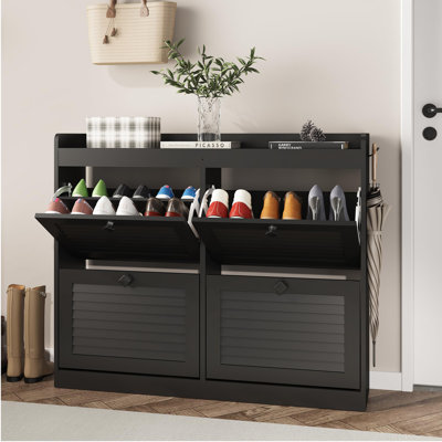 Narrow Entryway Shoe Storage Cabinet with 4 Flip Drawers Wooden Legs Freestanding Hidden Shoe Rack Organizer for Hallway Bedroom Living Room - Black