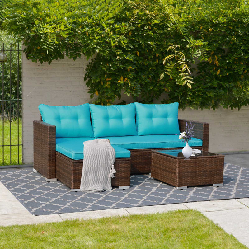 Ensemble de conversation modulaire en rotin 3 pièces avec coussins Cromford, Structure brune / coussin turquoise