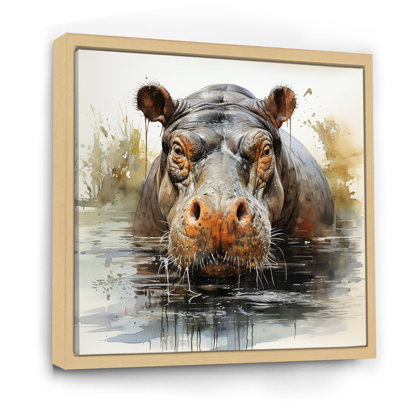 Hippopotame gris et gris, H 30 po x l 30 po x P 1,5 po, Cadre flottant brun