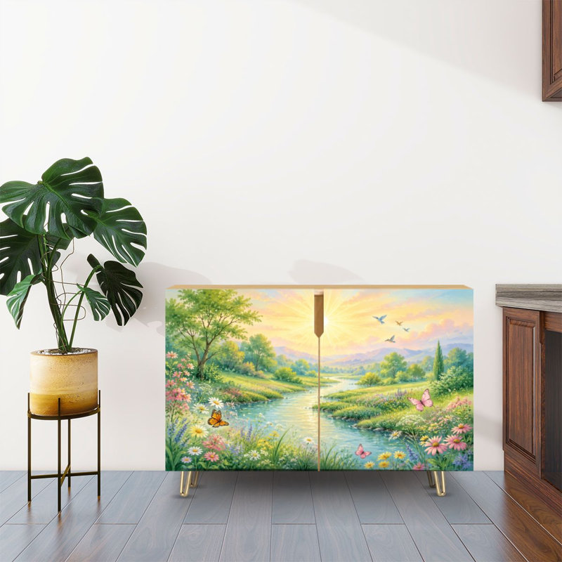 Buffet Buffet avec rangement Tranquil Spring Meadow Wildflowers River Butterflies Couleurs pastel avec 2 portes pour le salon et la cuisine
