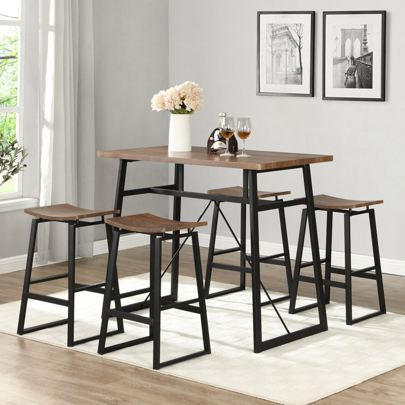 5 Piece Industrial Bar Table & 4 Stools Set, Space-Saving Breakfast Bar Set
