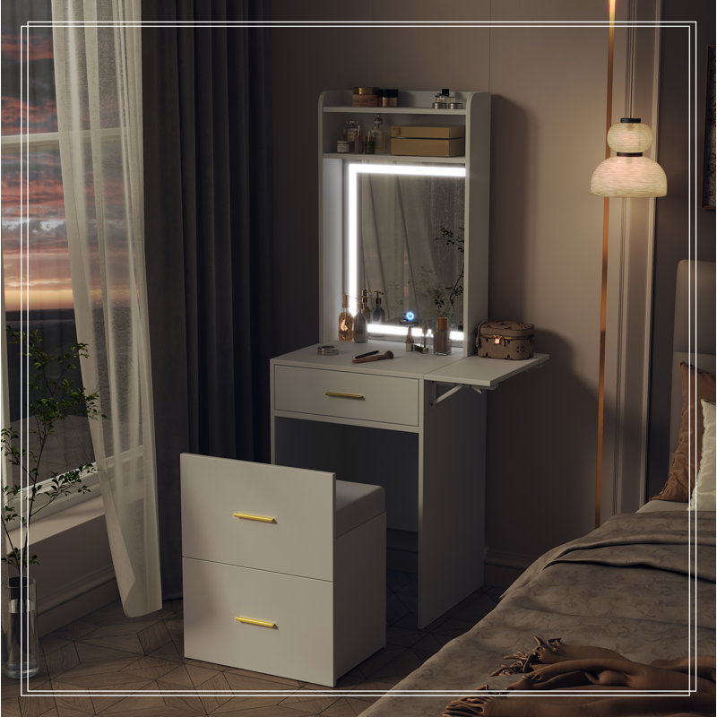 Small Vanity Desk with Mirror and Light, Dressing Table with Charging Station & Fold-up Panel for Small Space, Compact Makeup Vanity Set with Hidden Stool for Bedroom