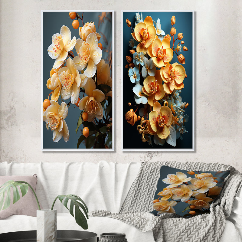 Golden Opulence - ensemble d'orchidées murales, ensemble de 2, Cadre blanc, H 32 po x l 33 po