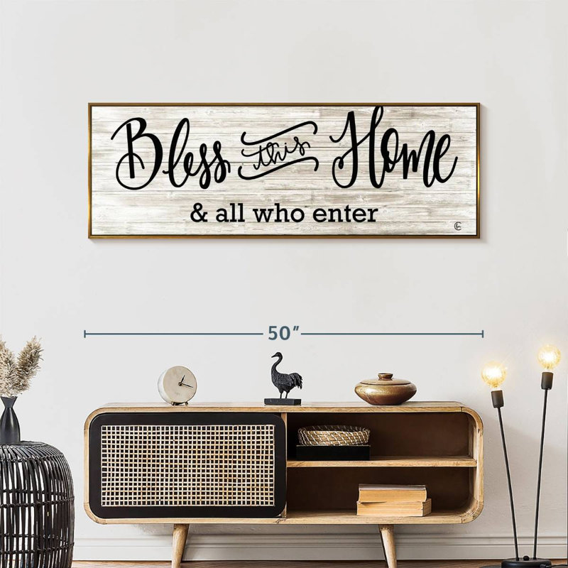 Plaque murale «Bless This Home», Cadre flottant doré, 49 po x 17 po