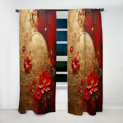 «Anson God and Red Floral Japanese Tiles II» - Rideau en velours moderne - obscurcissant - 1 panneau