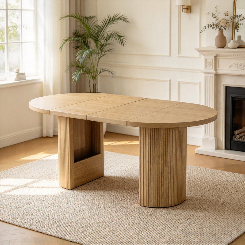 Extendable Dining Table 90-160 x 90 cm, Round to Oval Dining Room Table for 4-8 People, 3-Stage Extendable Table with 28 mm Thick Top and Fluted Pedestal Base, Oak