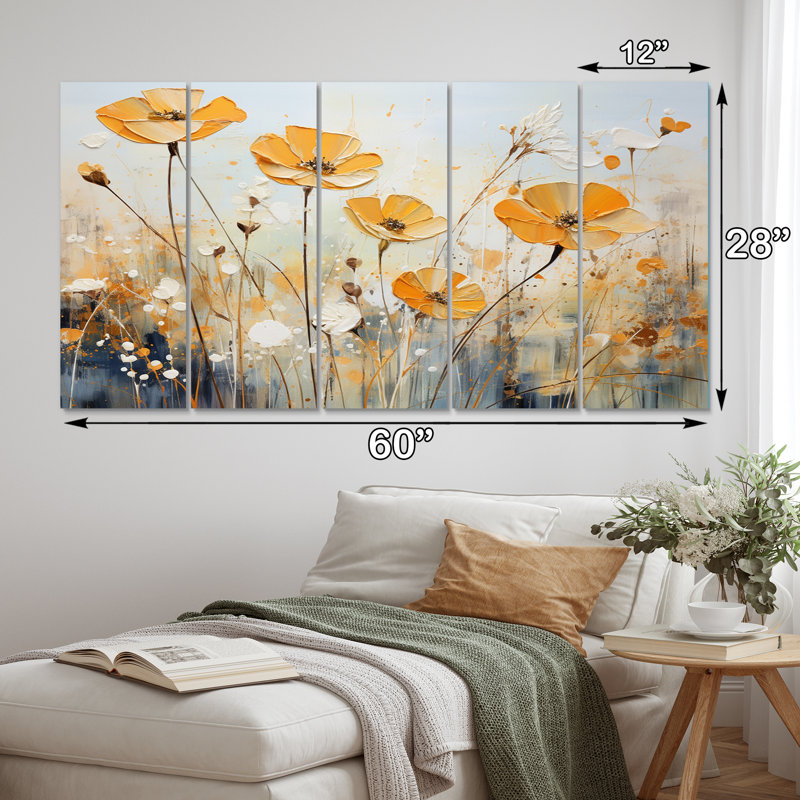 Meadow Blooming Yellow Poppy Flowers V - Décoration murale coquelicots - 5 panneaux égaux
