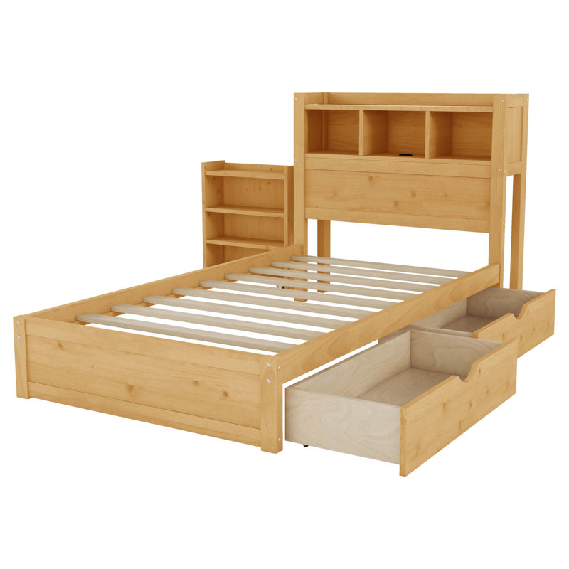 Lit plateforme avec tiroirs de rangement intégrés, tête de lit éclairée par DEL, armoire coulissante et disposition réversible flexible pour une fonctionnalité maximale dans la chambre à coucher.