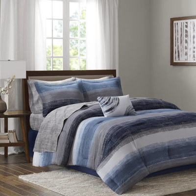 Édredon très grand rayé bleu marine 9 pièces avec draps en microfibre, jupe de taie décorative assortie et coussin décoratif