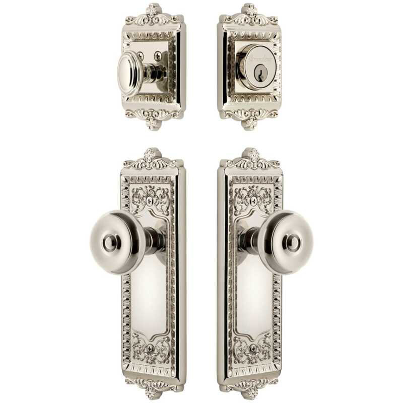 Ensemble de grandes plaques d'entrée Grandeur Windsor avec bouton en nickel poli, 2.75", Nickel poli