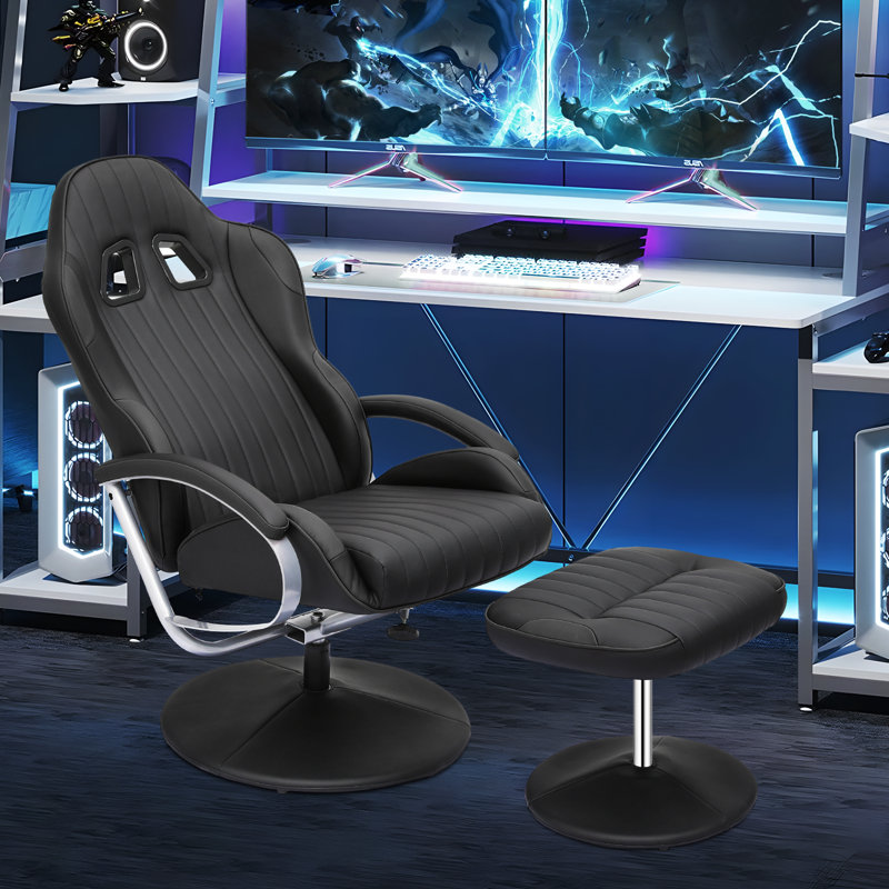 Upholstered Reclining Swivel Chair with Adjustable Angle and Footrest, Black