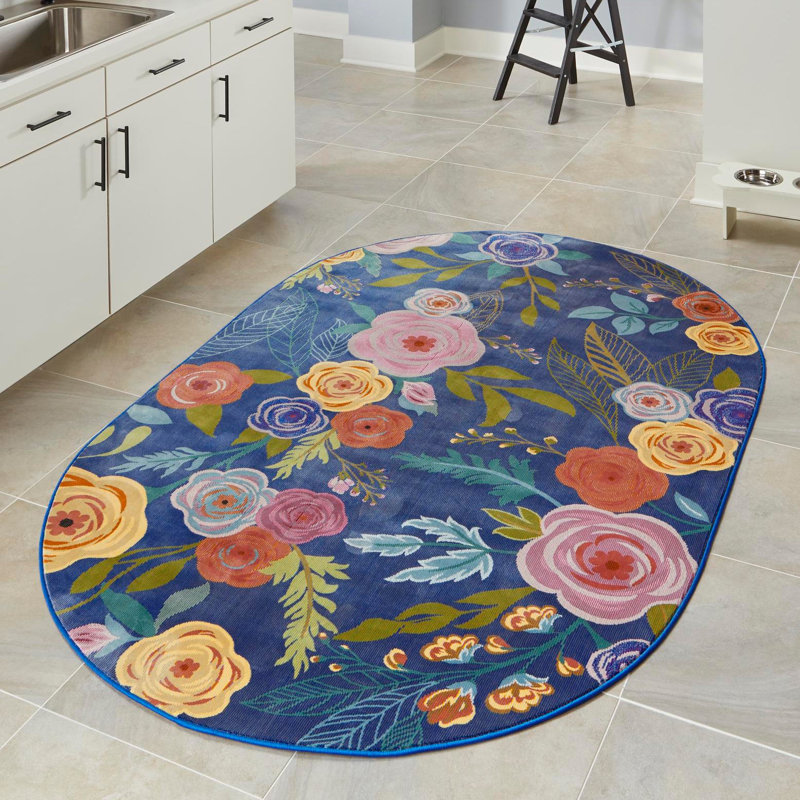 Clydie Floral Navy/Red Area Rug, Oval 2' x 3'1"