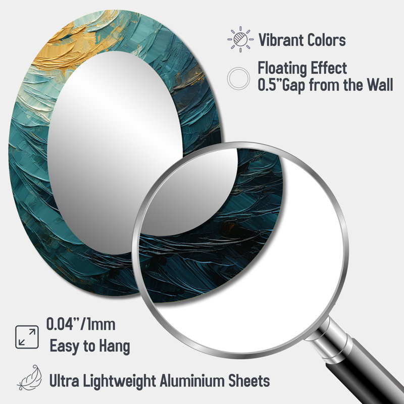 Teal Majestic Motion - Large Oval Wall Mirror On Metal, 40" x 30"