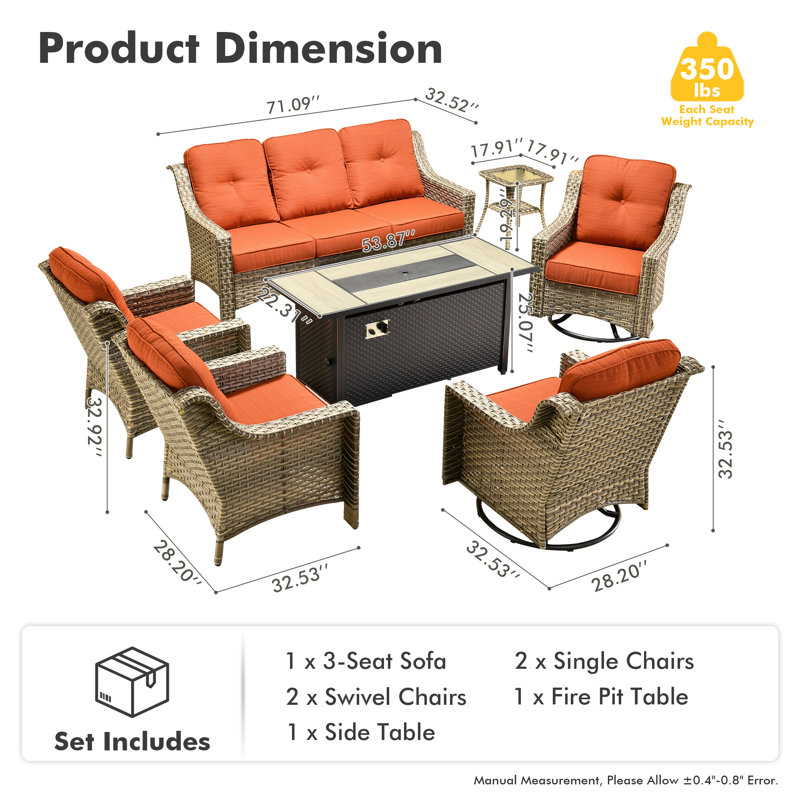 Emanuell 7 - Person Wicker Outdoor Conversation Set, Patio Sofa & Swivel Chair Set with Fire Pit and Cushions, Orange Red