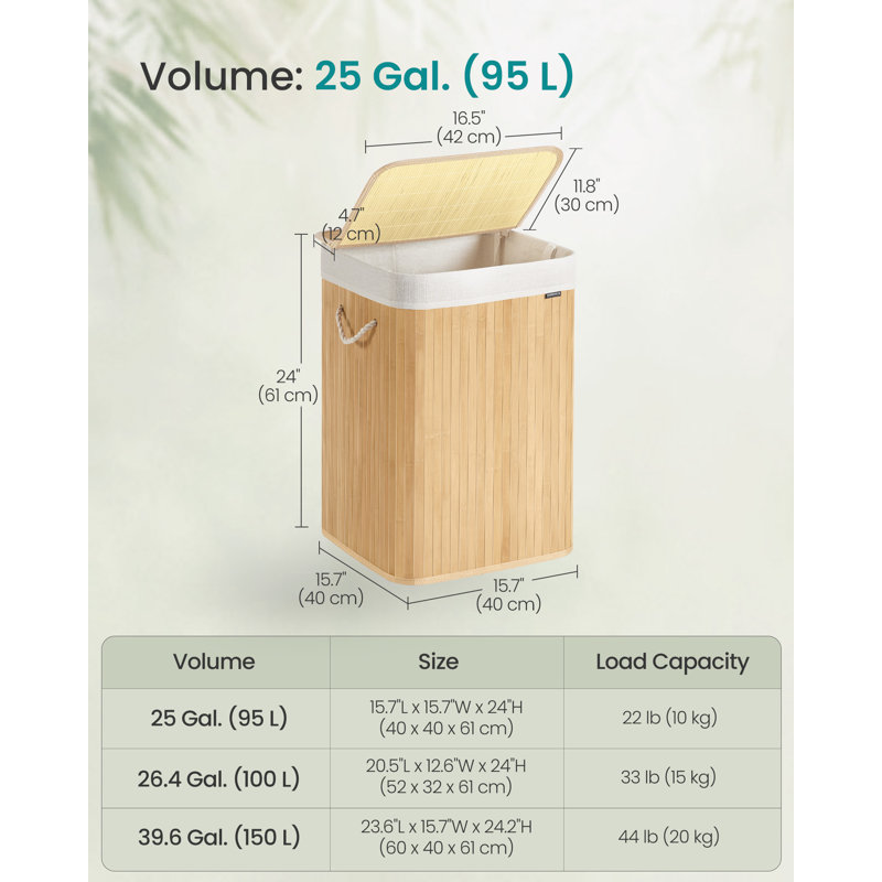 Laundry Basket, 95 L, Laundry Hamper, Laundry Bin With Lid, Bamboo, Foldable, Removable And Machine Washable Liner Bag, For Laundry Room, Bedroom