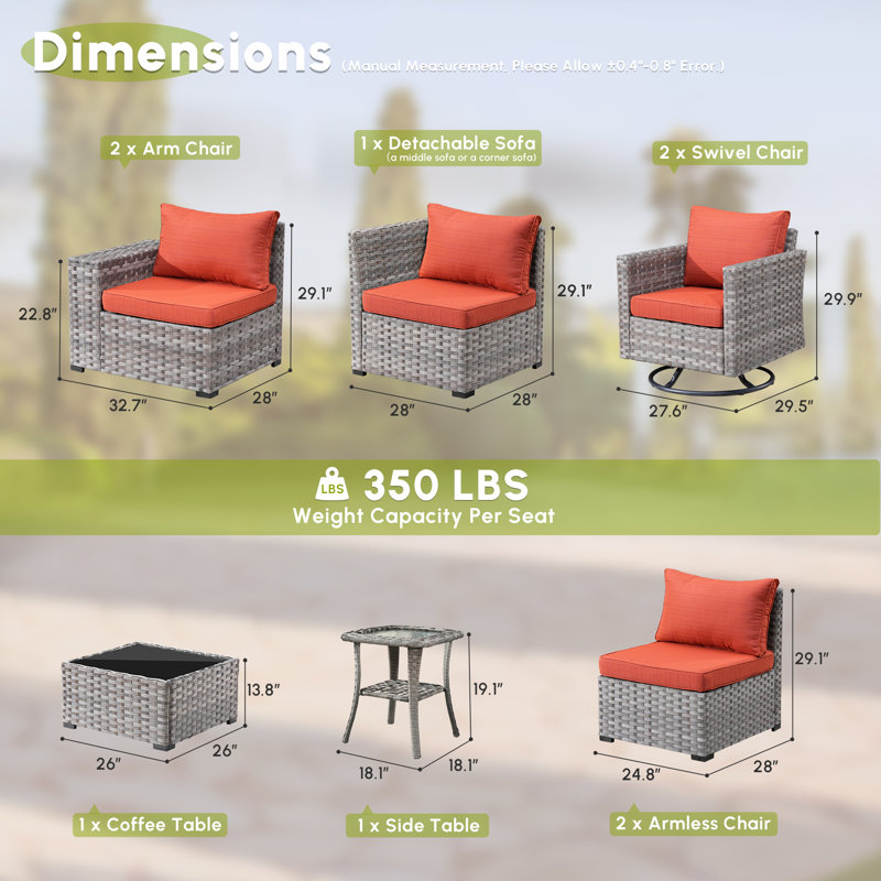 Ensemble de conversation pour 7 personnes avec chaise berçante pivotante, ensemble de conversation modulaire en rotin et osier avec coussins, ensemble de conversation toutes saisons avec table pour jardin