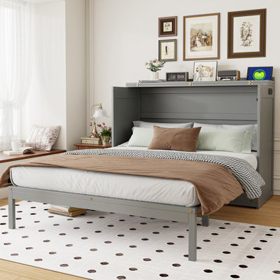 Multifunctional Murphy Bed With Storage Drawer & Charging Ports, Elegant Cabinet Bed For Guest Room Home Office