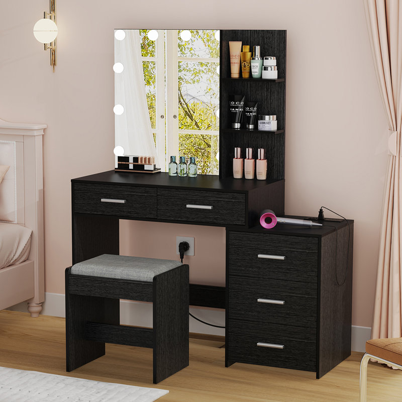 Grand ensemble de coiffeuse avec miroir lumineux et station de recharge, Noir