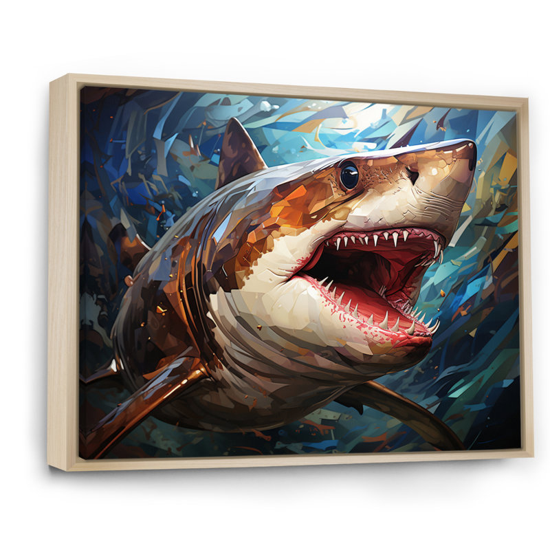 " Blue Shark Predators Glare Geometric II ", Natural Floater Framed, 16" H x 32" W x 1" D
