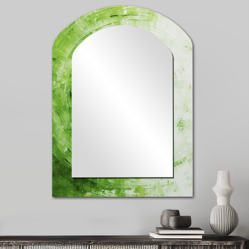 Green White Sage Spirals - Abstract Shapes Asymmetrical Large Mirror, Modern Arch Decorative Wall Mirror, Printed Metal Art