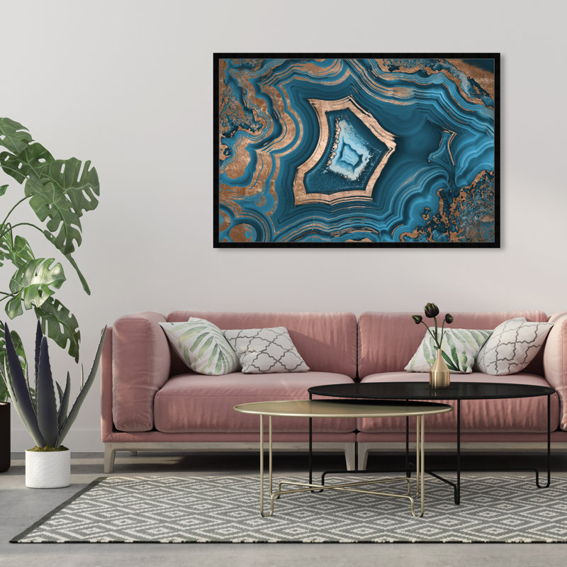 «Blue Abstract Geode» par Oliver Gal - reproduction, Cadre noir, H 38 po x l 38 po
