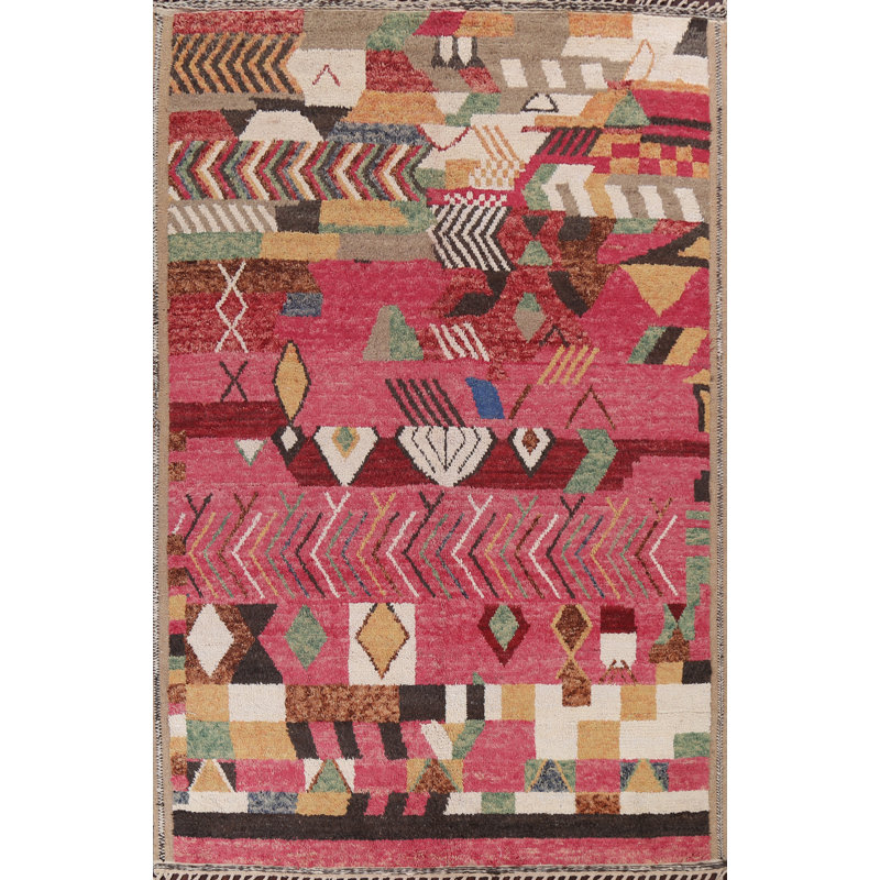 Tapis rose en laine noué à la main de conception unique 8 pi 11 po x 12 pi 11 po marocain
