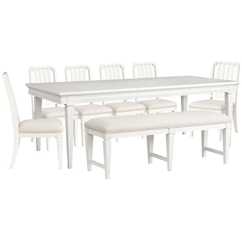 Table de salle à manger extensible Gilvira, 8 pièces: table, banc, 6 chaises