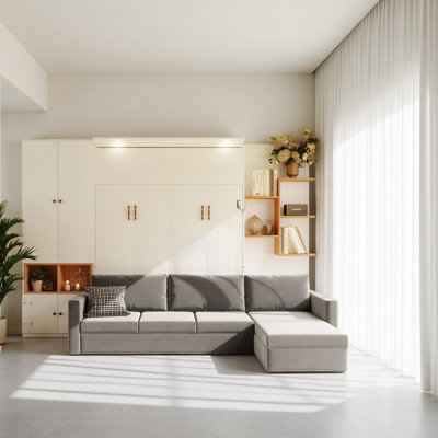 Grand lit escamotable avec grand canapé, tablettes et armoires de rangement, lit mural moderne à faible encombrement avec deux lumières