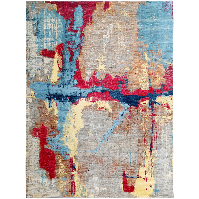 Hand-Knotted High-Quality Red, Blue, and Beige Area Rug