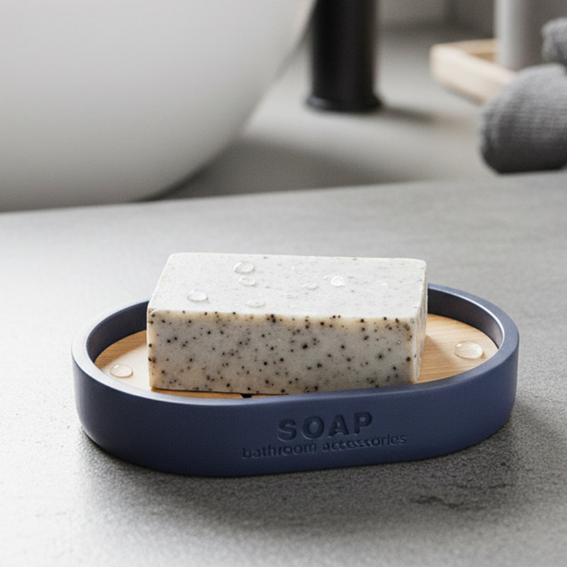 Willis Pure Matte Soap Dish with Bamboo Base, Navy Blue