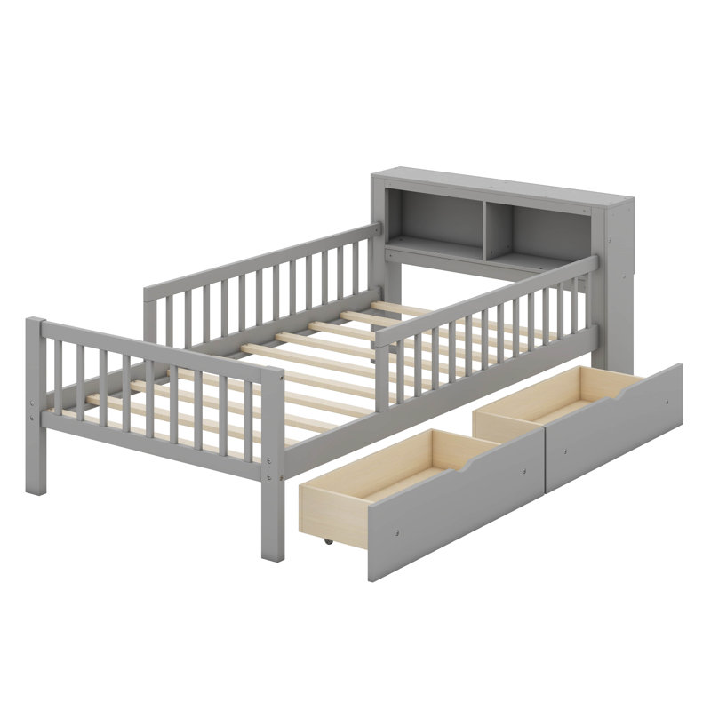 Lit simple avec tiroirs et tablettes de rangement, Gris
