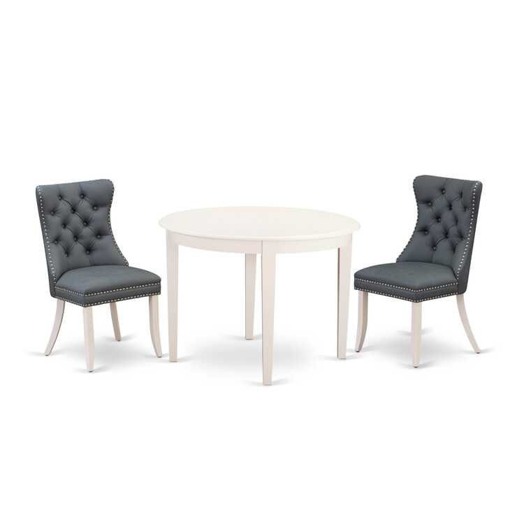 3-Piece Linen White Finish Round Solid Wood Top Dining Table Set, Gray