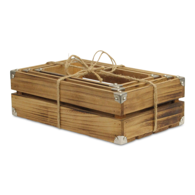 Farmstead Set of 3 Rustic Wood Storage Crates with Metal Corners - Dark Brown Finish, Dark Brown