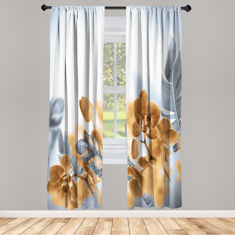 Microfiber Floral Semi-Sheer Rod Pocket Curtain Panels, 28" W x 84" L, Gold/White