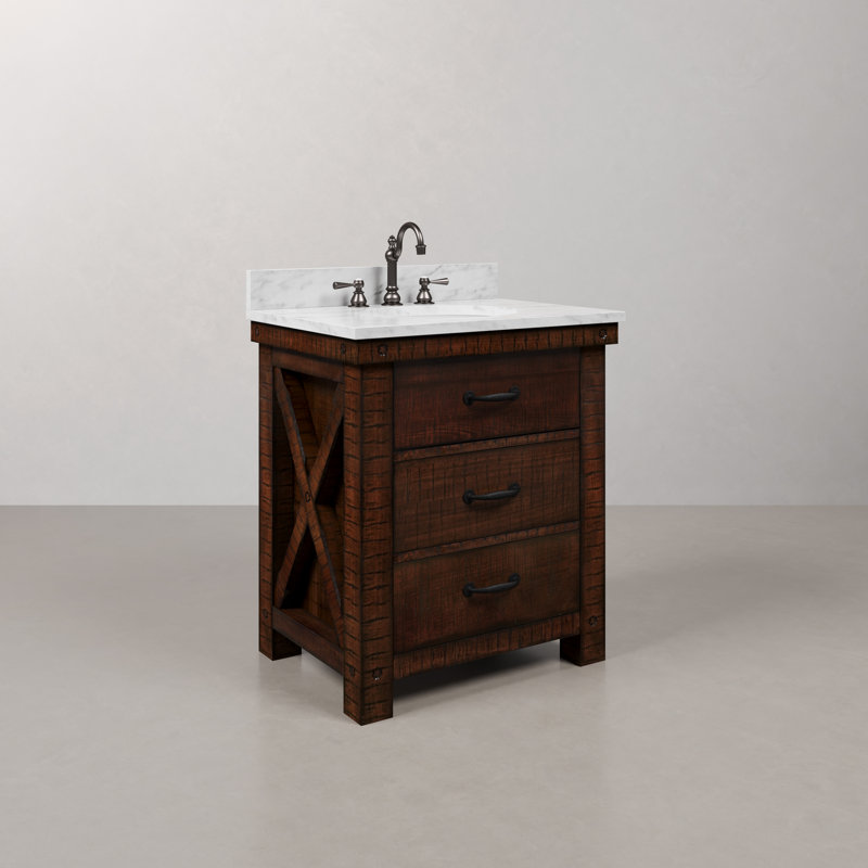 Aberdeen 30 In. Single Sink Blue Limestone Countertop Vanity In Rustic Sienna With Hook Faucet, Carrara White