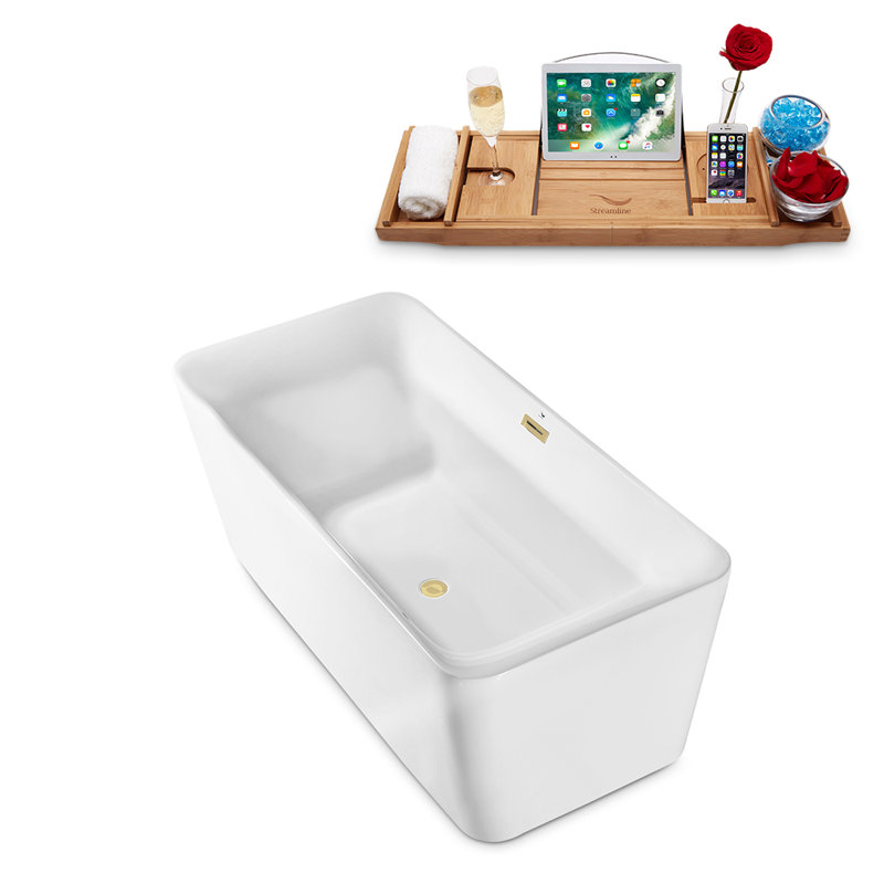 63" Streamline Freestanding Soaking Acrylic Bathtub With Drain and Bamboo Tray, Polished Brass