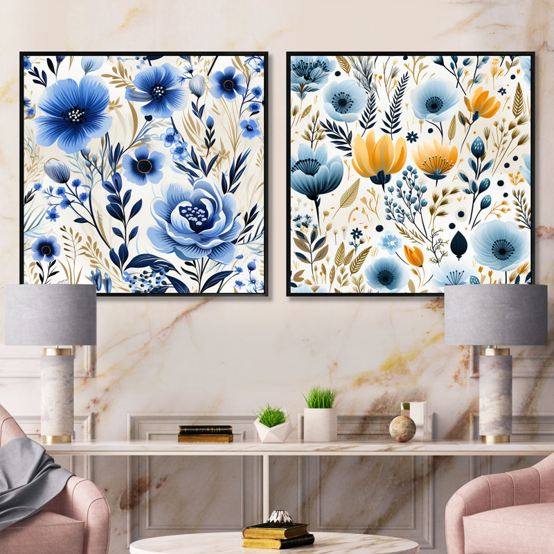 Blue Boho Chic Floral Motif II - ensemble de collage abstrait botanique carré de 2, Cadre flottant noir, H 36 po x l 73 po