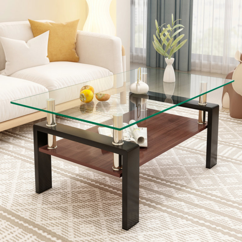 Modern Coffee Table with 2-Tier Storage Shelf, 37.2" Tempered Glass Top and Stainless Steel Legs, Rectangular Cocktail Table for Living Room, Apartment, and Small Spaces