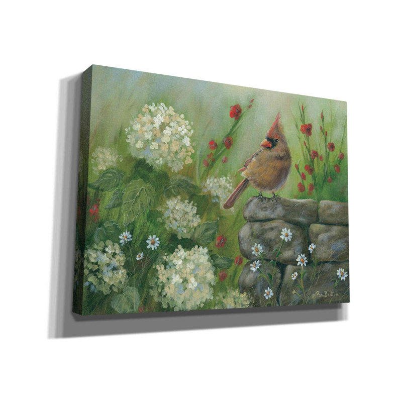 «Cardinal & Hydrangeas» par Pam Britton, art mural sur toile, H 12 po x l 16 po x P 0,75 po