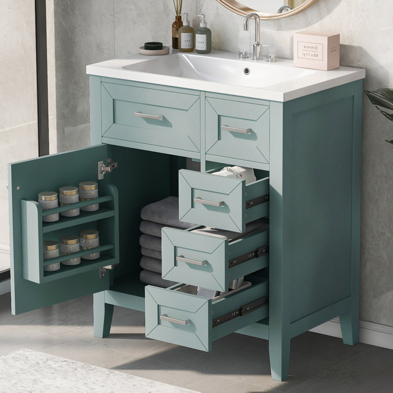 Ensemble de meuble-lavabo de salle de bain 30 po vert | Structure et tiroirs en bois massif