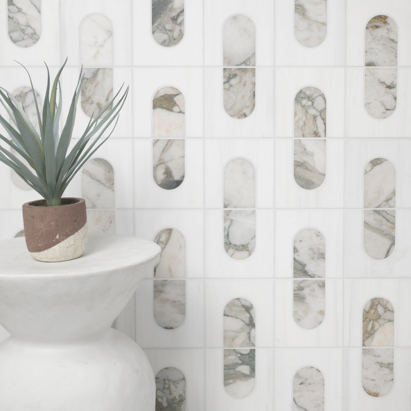 Calabria Frost Geometric 12 in. x 12 in. Polished Marble Mosaic Floor and Wall Tile