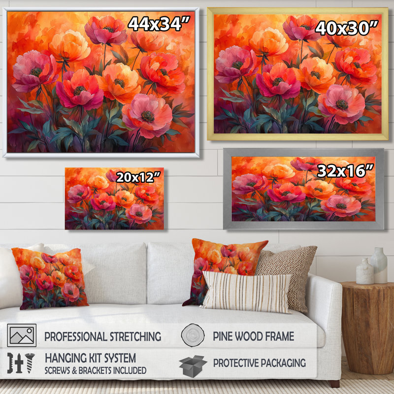 Radiance au coucher du soleil, pivoines, fleurs II - pivoines, art mural, H 28 po x l 60 po, Cadre flottant brun