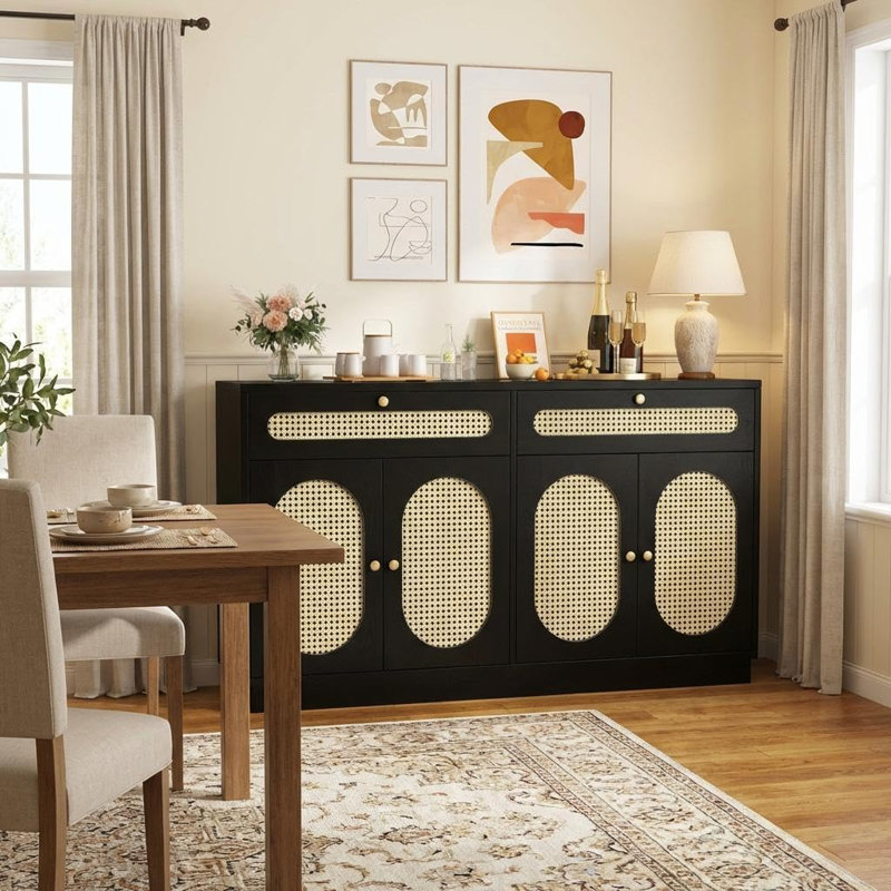 59.84 inch Black Rattan Buffet Sideboard Cabinet with 4 Doors & 2 Drawers - Adjustable Shelf Farmhouse Storage Cabinet for Dining Room, Living Room, Kitchen & Hallway