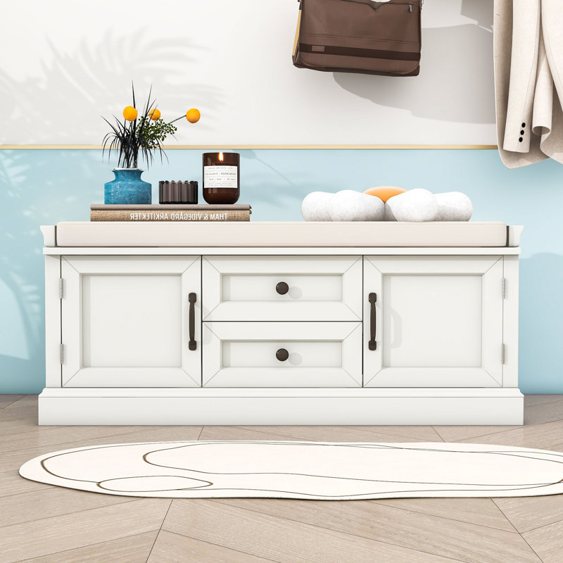 Banc de rangement avec 2 tiroirs, 2 armoires et coussin amovible pour le vestibule, Blanc