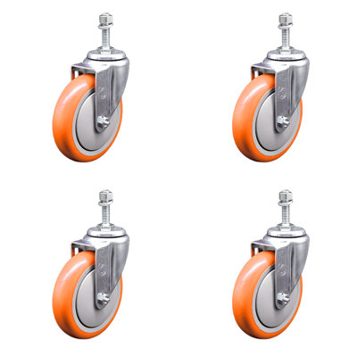 5 Inch 316SS Polyurethane Wheel Swivel 10mm Threaded Stem Caster Set
